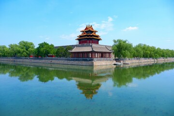Fototapeta na wymiar Perspective of the iconic Corner Tower of the Forbidden City in Beijing, China