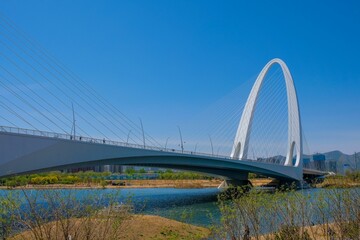 a bridge spanning over a river and green grass near water