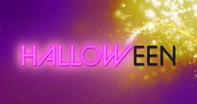 Animation of shooting star over neon halloween text banner against light spots on purple background