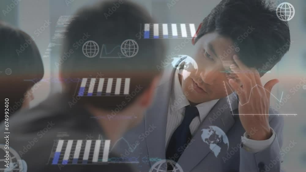 Aufkleber animation of statistical data processing over asian businessman discussing with colleagues at office