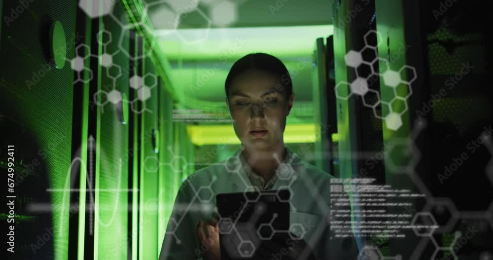 Poster animation of data processing against caucasian female engineer using digital tablet at server room