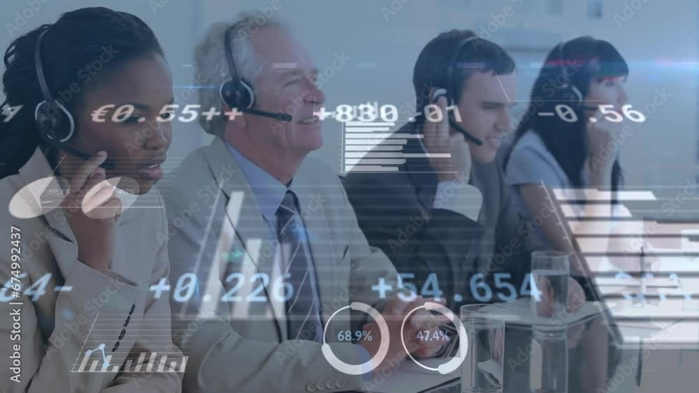 Poster animation of statistical data processing over diverse colleagues talking on phone headsets at office