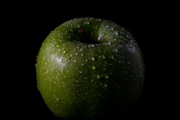 Closeup of a green apple with water droplets against a solid black background.