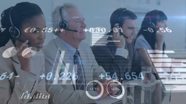 Animation of statistical data processing over diverse colleagues talking on phone headsets at office - Powered by Adobe