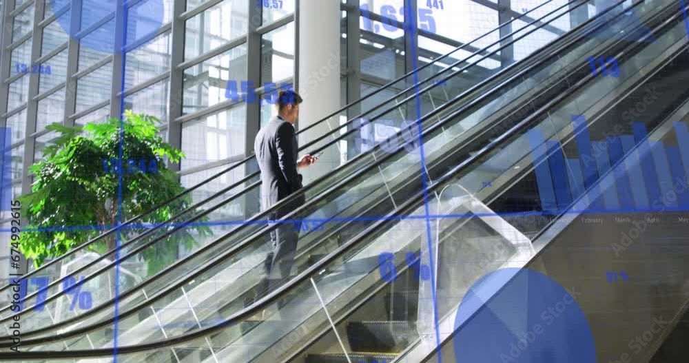 Aufkleber animation of data processing against caucasian businessman using smartphone on escalator at office