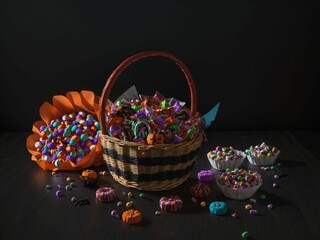AI generated illustration of A colorful assortment of Halloween candy in a wicker basket