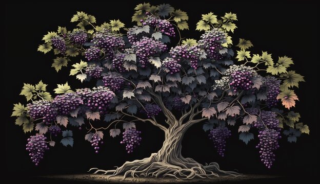 Concord grape tree illustration black background beautiful art Ai generated art
