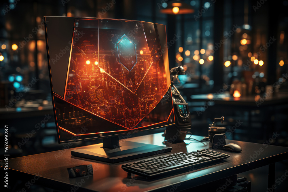 Poster a concept of a cybersecurity shield surrounding various digital devices and data. concept of compreh