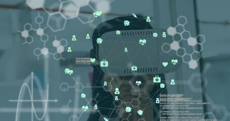 Animation of globe of medical icons, chemical structures over woman wearing vr headset at office - Powered by Adobe