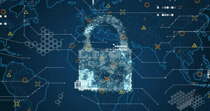 Animation of cloud, security padlock and sheild icon over world map against blue background