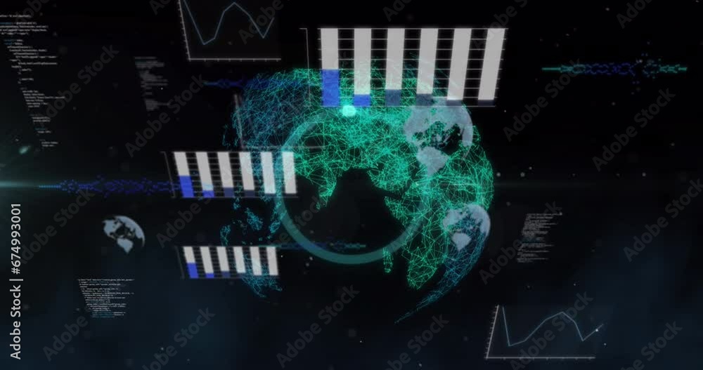 Poster animation of statistical data processing over spinning globe against black background