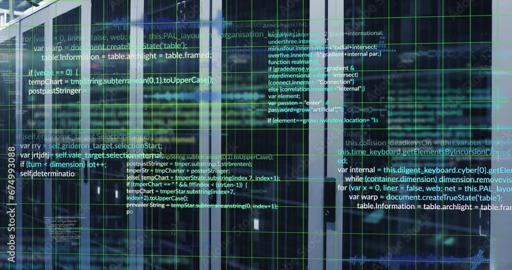 Poster animation of data processing over grid network and light spot against computer server room
