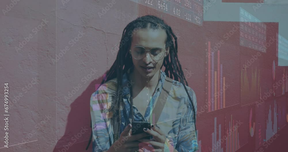 Poster animation of statistical data processing against biracial man using smartphone on the street