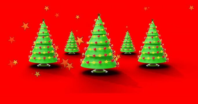 Animation of stars falling over spinning christmas tree icons against red background with copy space