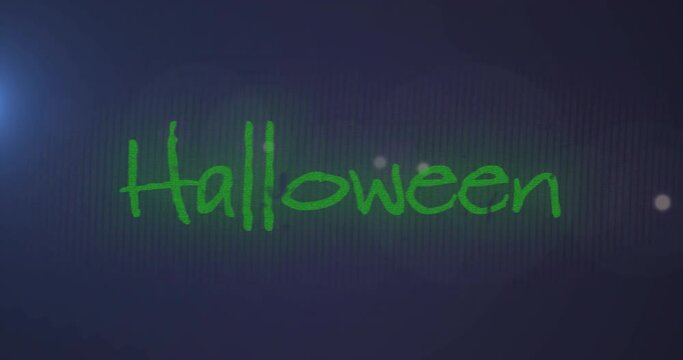 Animation of halloween text banner over spots of light against blue background