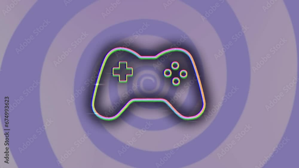 Poster animation of glitch effect over video game controller icon against blue radial background