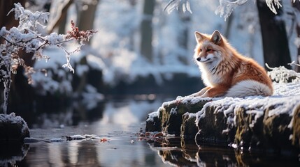 Naklejka premium A serene red fox sits on a snowy riverbank, with frost-covered branches nearby and a tranquil forest in the background.