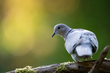 Closeup of a turtledove perched on a tree branch with moss against a green background