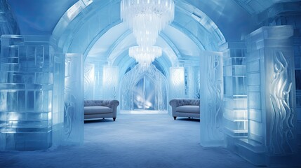 A luxurious ice-themed chamber with a grand ice chandelier and ornate ice carvings enhancing the ethereal ambiance.