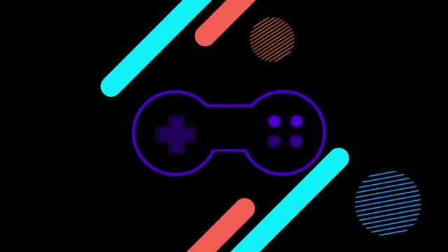 Animation of video game controller icon and colorful abstract shapes against black background