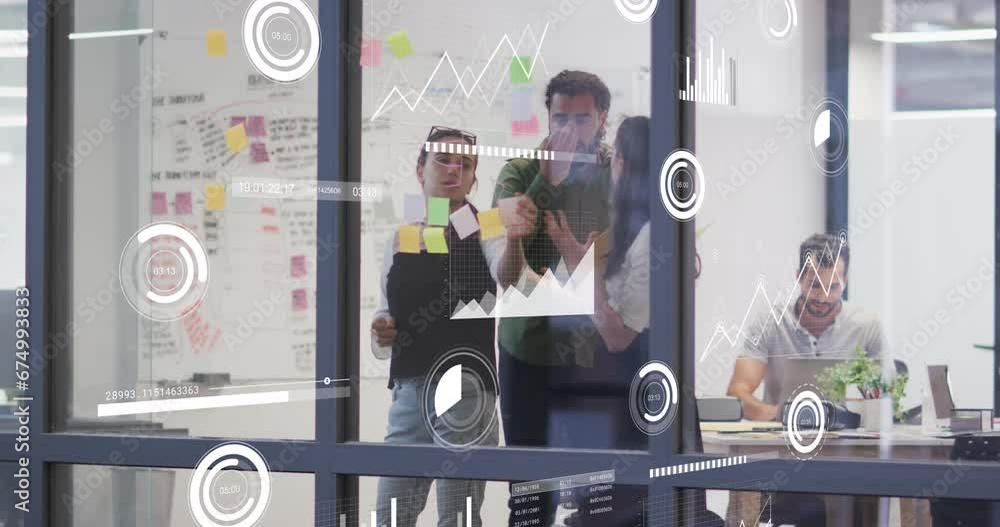 Poster animation of statistical data processing on diverse colleagues discussing over memo notes at office
