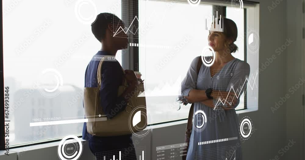 Poster animation of interface with statistical data processing over two diverse women discussing at office