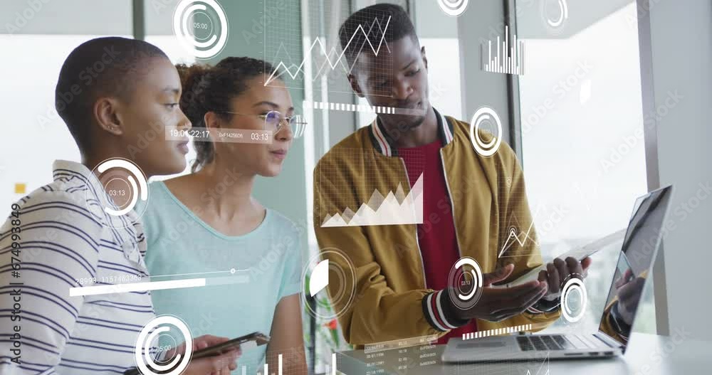 Poster animation of statistical data processing over diverse colleagues discussing over a laptop at office