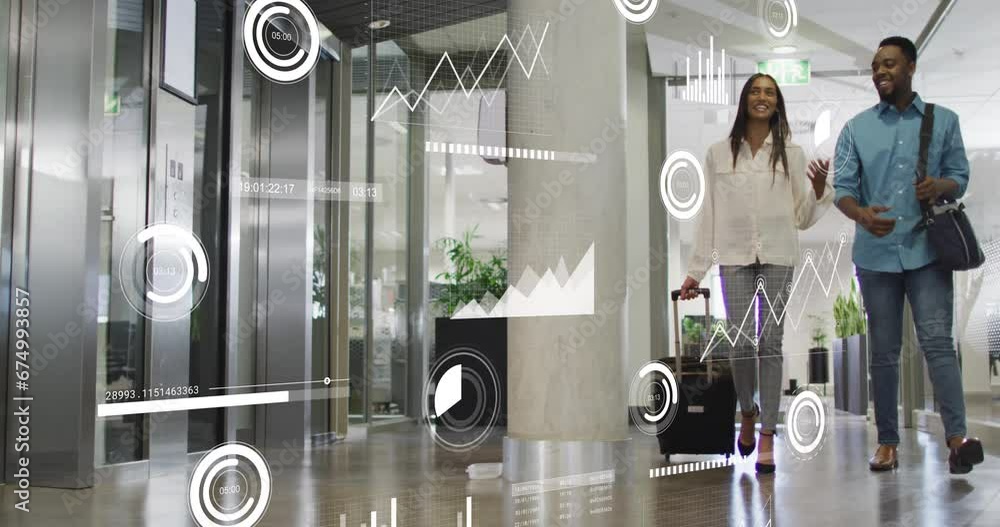 Poster animation of statistical data processing over diverse man and woman discussing walking at office