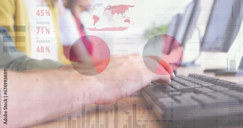 Poster animation of data processing over caucasian man using computer talking on phone headset at office