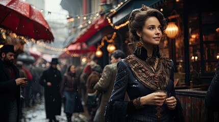 A woman in an ornate, vintage gown gazes away thoughtfully, surrounded by a bustling, festive street scene.