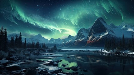 An ethereal display of aurora borealis sweeps over a pristine snowy landscape, with majestic mountains reflecting in a tranquil river.