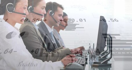 Animation of stock market data processing over diverse colleagues talking on phone headset at office - Powered by Adobe