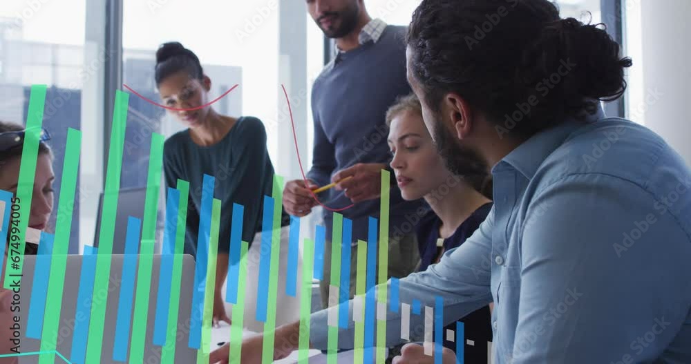 Aufkleber animation of statistical data processing against team of diverse colleagues discussing at office