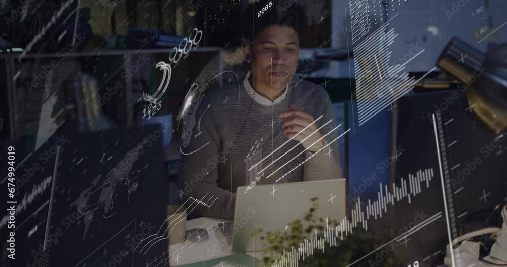 Aufkleber animation of data processing against thoughtful biracial man using laptop working late at office