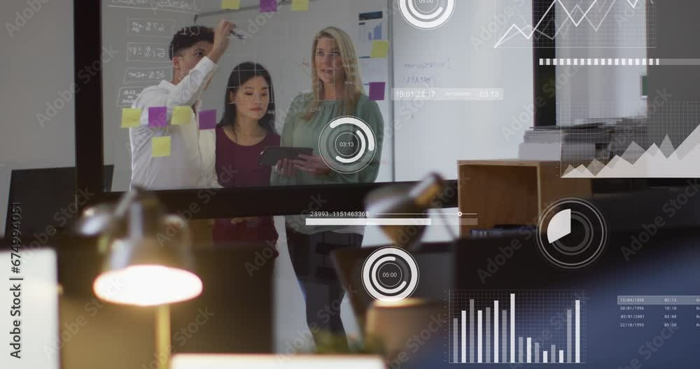 Poster animation of data processing against diverse colleagues discussing over memo notes at office