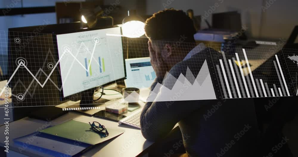 Aufkleber animation of data processing against tired biracial man using laptop working late at office