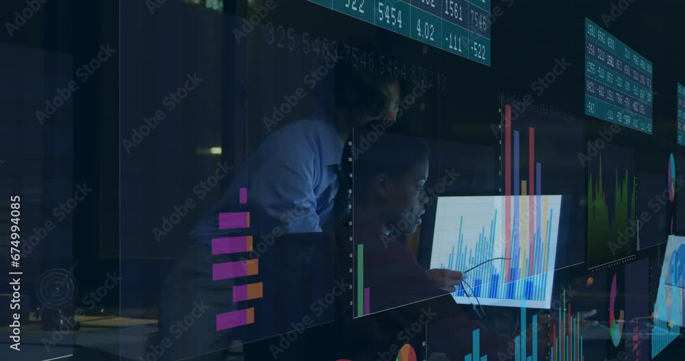 Poster animation of data processing against diverse man and woman discussing over a computer at office