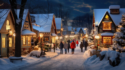 A snowy Christmas village with people walking away on the trail - obrazy, fototapety, plakaty