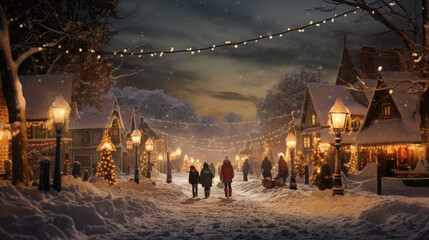 A snowy Christmas village with people walking away on the trail