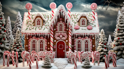 A traditional gingerbread house, adorned with candy canes
