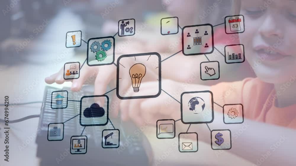 Poster animation of network of digital icons against caucasian boy using a computer at school