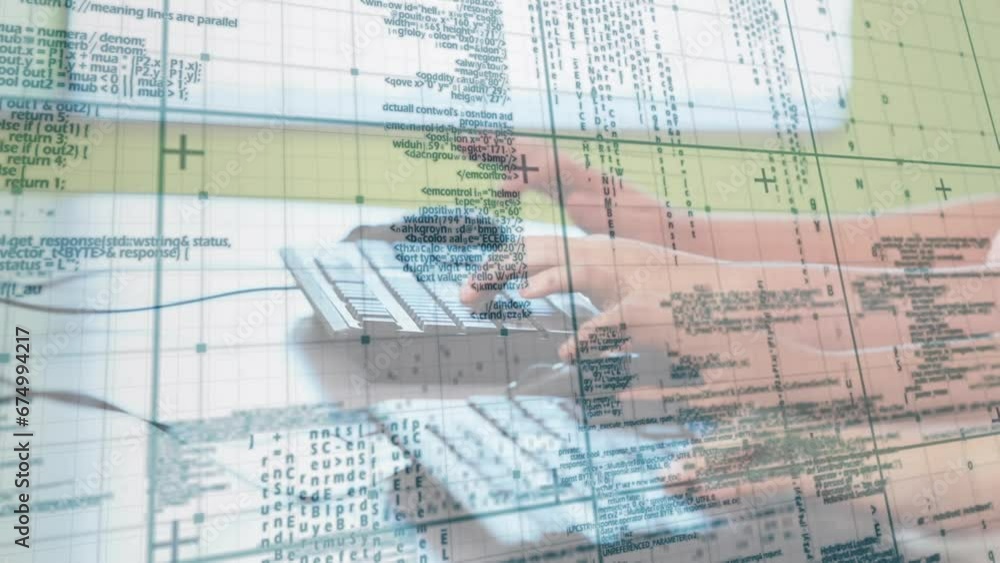 Poster animation of data processing against mid section of students using computers at school