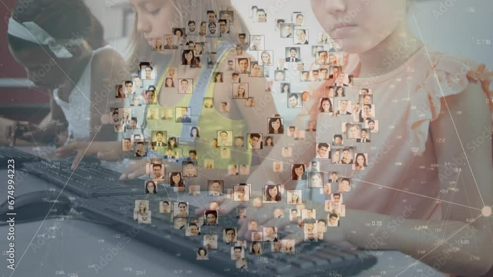 Poster animation of globe of business profile icons against two diverse girls using computers at school