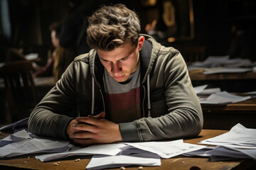 A student, staring at a failed exam paper with a frown. Concept of academic stress and...
