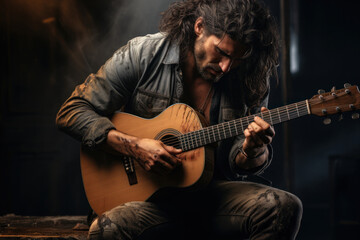 A musician with a melancholic expression, playing a soulful tune on their guitar. Concept of music...