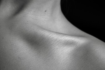 High-resolution closeup shot of the neck and shoulders of a female person