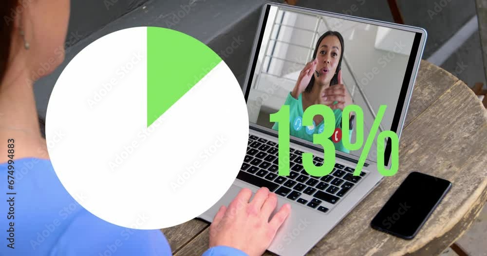 Canvas Prints Animation of pie graph filling up icon with increasing percentage over woman having video call