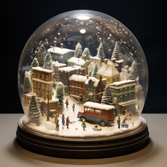 A snow globe showcasing a detailed miniature winter village scene with falling snow, buildings, and tiny figures.