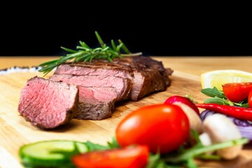 Close-up image of a sliced steak next to a variety of vegetables