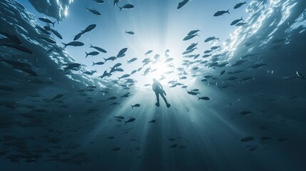 This image depicts an underwater scene viewed from below, showing a diver surrounded by a school of...